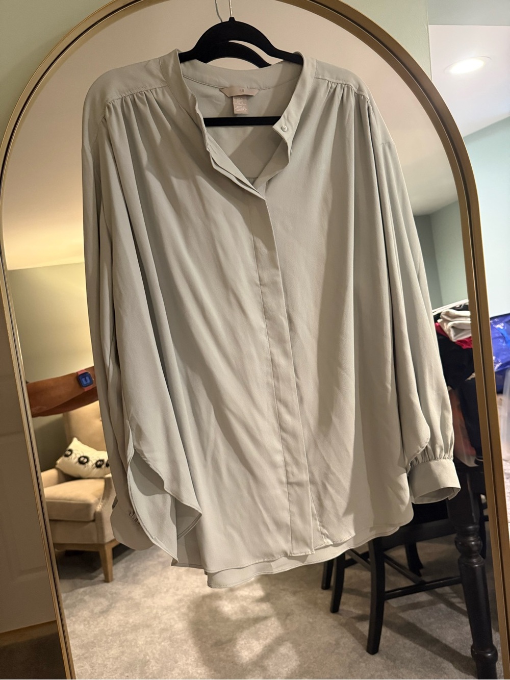 H&M Light Sage Button-Front Long-Sleeve Blouse